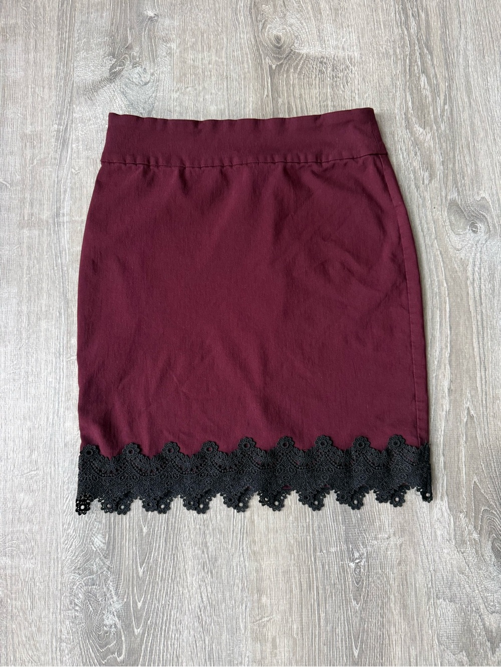 Burgundy Pencil Skirt with Black Lace Trim Stretchy, fitted Vampy Gothic